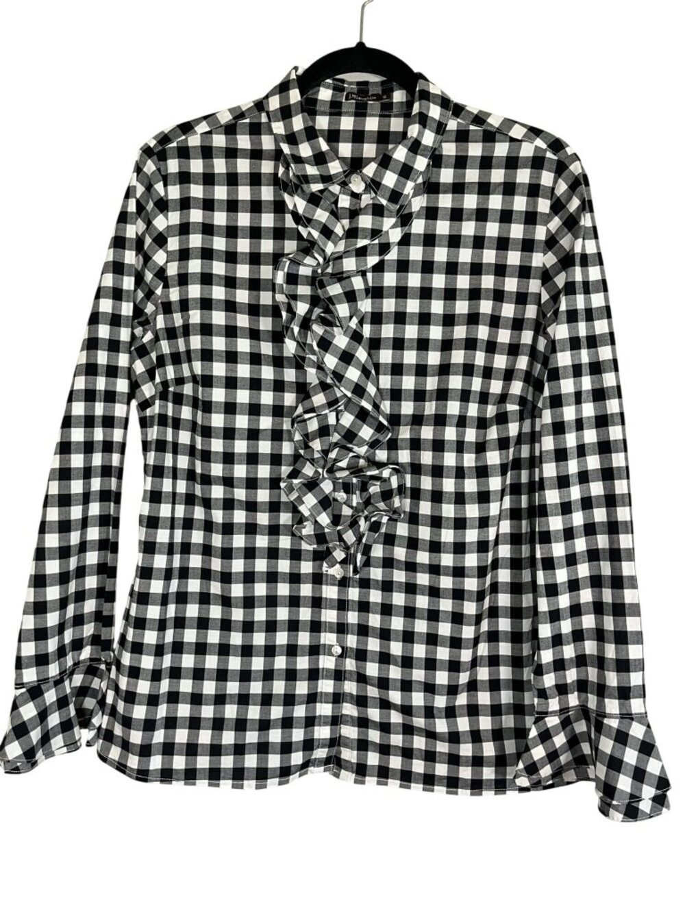 J McLaughlin Gingham Ruffle Shirt Black 10 Checks Preppy Classic Retro Cottage